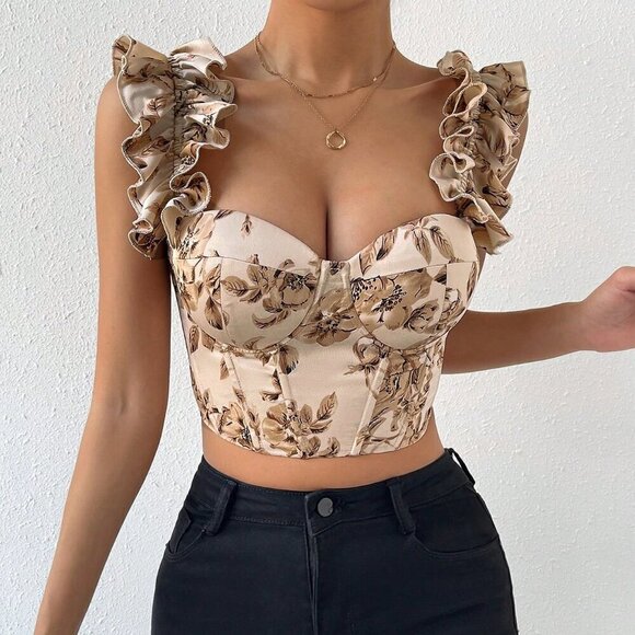 Apricot Boho Women's Floral Print Lace Up Backless Bustier Crop Wide Strap Top - Picture 4 of 6
